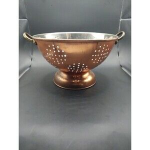 Vintage 9" Inch Footed Tin Lined Copper Colander Strainer with Brass handles